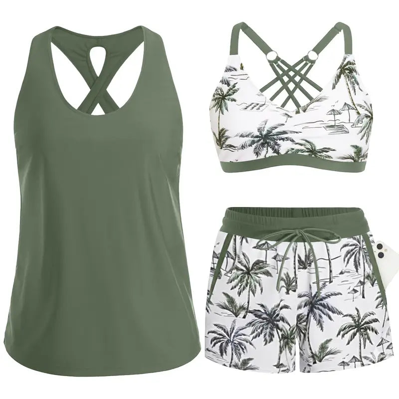 MADISON | SPORTY THREE-PIECE TANKINI SET WITH POCKETS