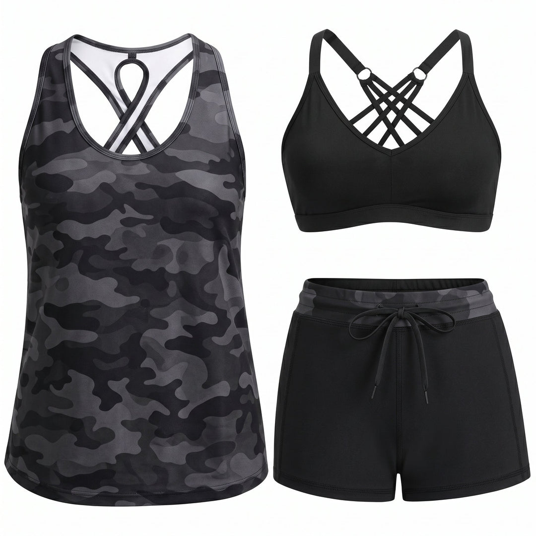 MADISON | SPORTY THREE-PIECE TANKINI SET WITH POCKETS