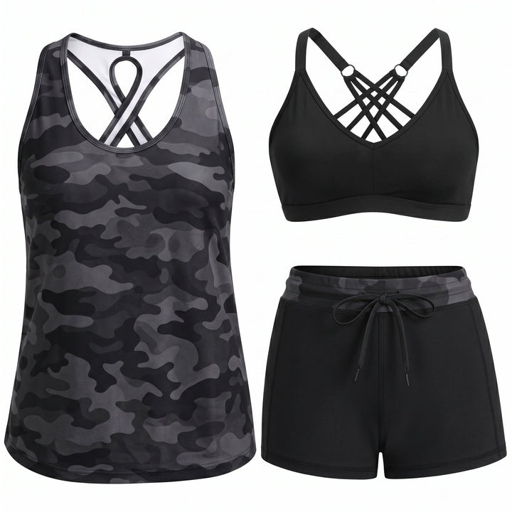 MADISON | SPORTY THREE-PIECE TANKINI SET WITH POCKETS