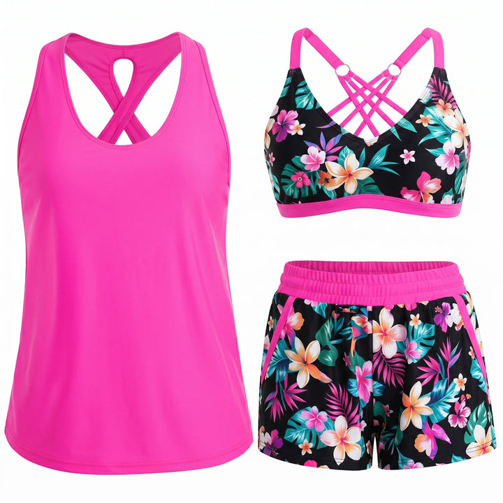 MADISON | SPORTY THREE-PIECE TANKINI SET WITH POCKETS